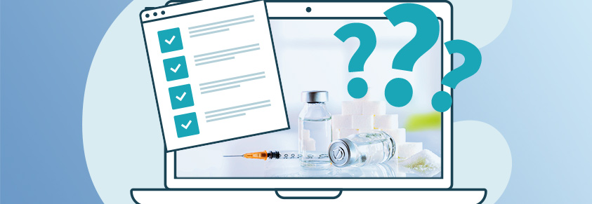 Ein Laptop auf dessen Screen Insulinfläschchen zu sehen sind, darüber ein stilisierter Fragebogen und drei Fragezeichen