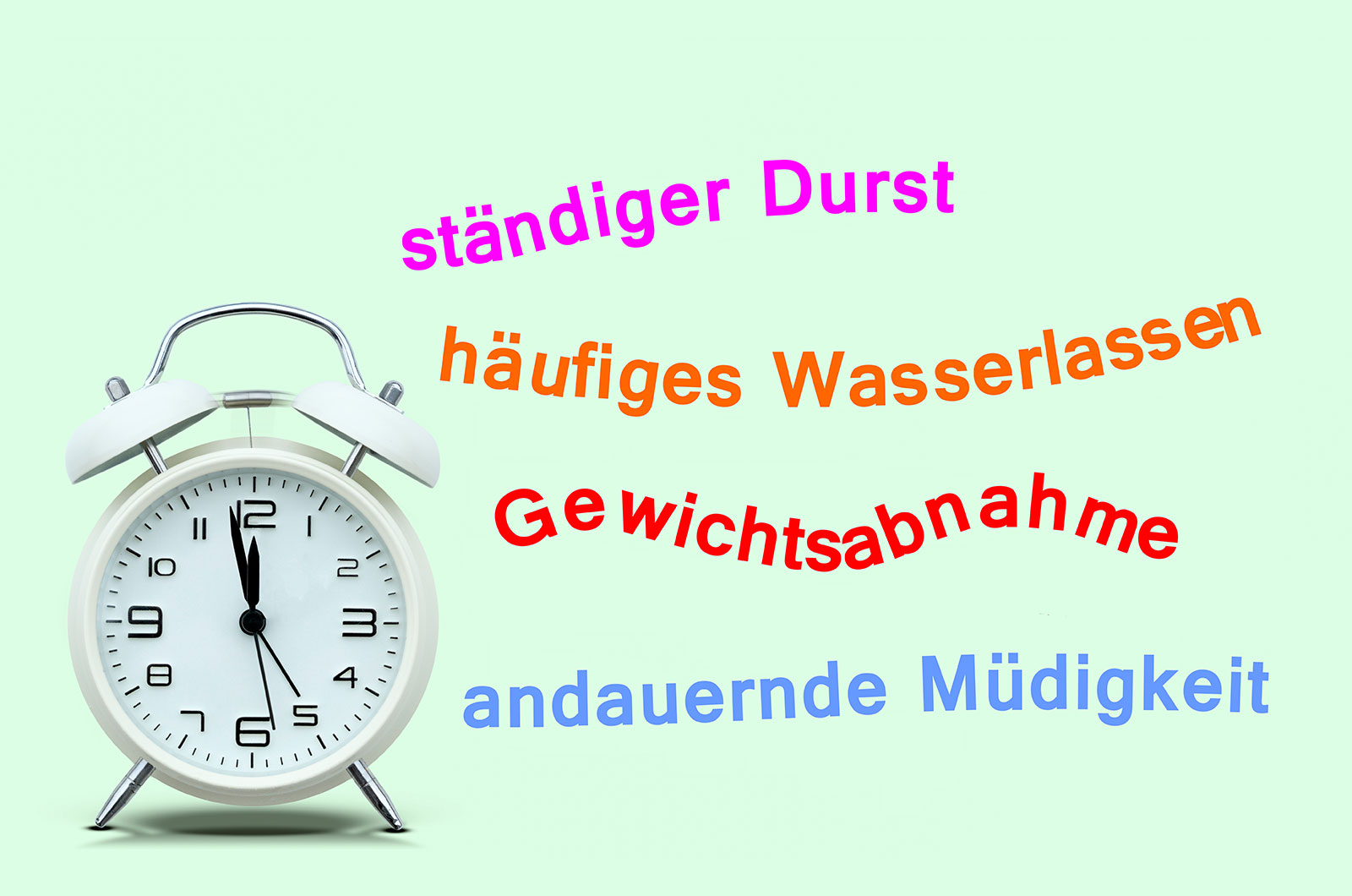 Grafik mit vier Warnzeichen für Diabetes, ständiger Durst, häufiges Wasserlassen, Gewichtsabnahme, andauernde Müdigkeit