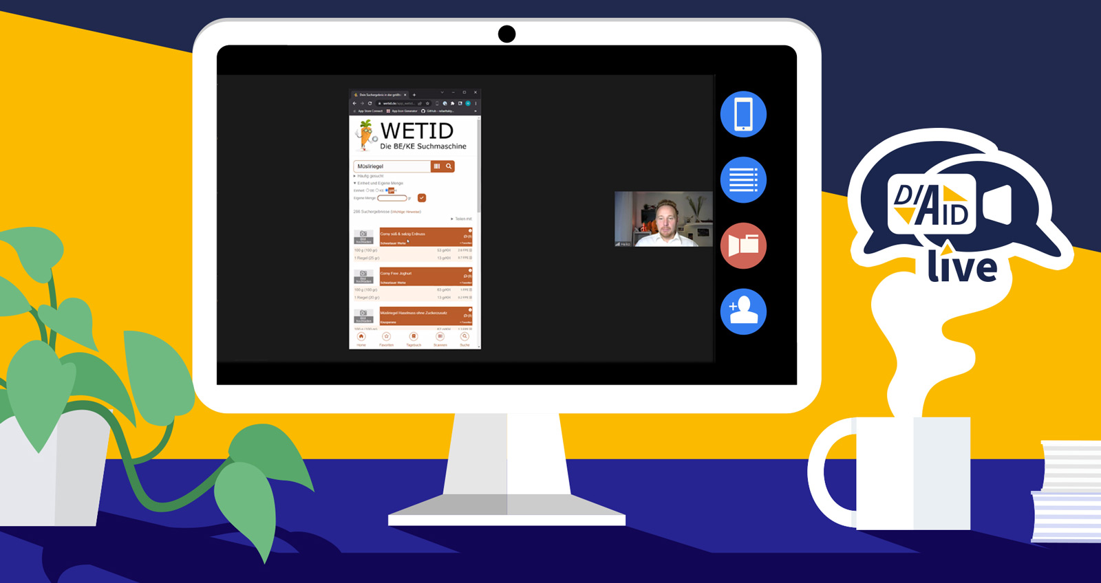 Ein Bildschirm der eine Videokonferenz zeigt, auf der die WETID-App gezeigt wird.