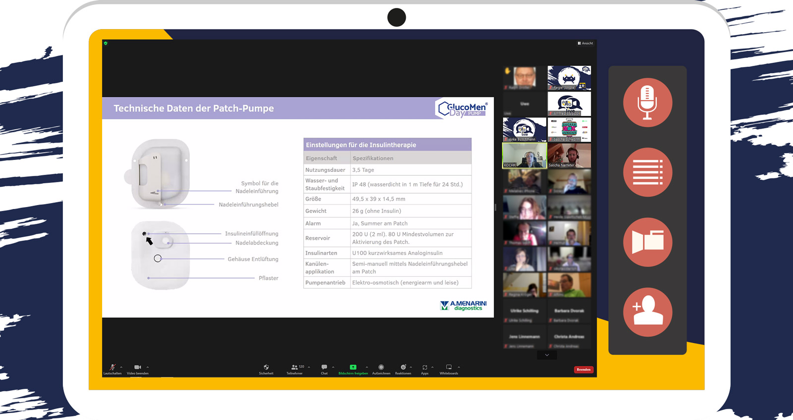 Auf einem Bildschirm ist eine Videokonferenz zu sehen, in der die Insulinpumpe auf einer Folie beschrieben wird