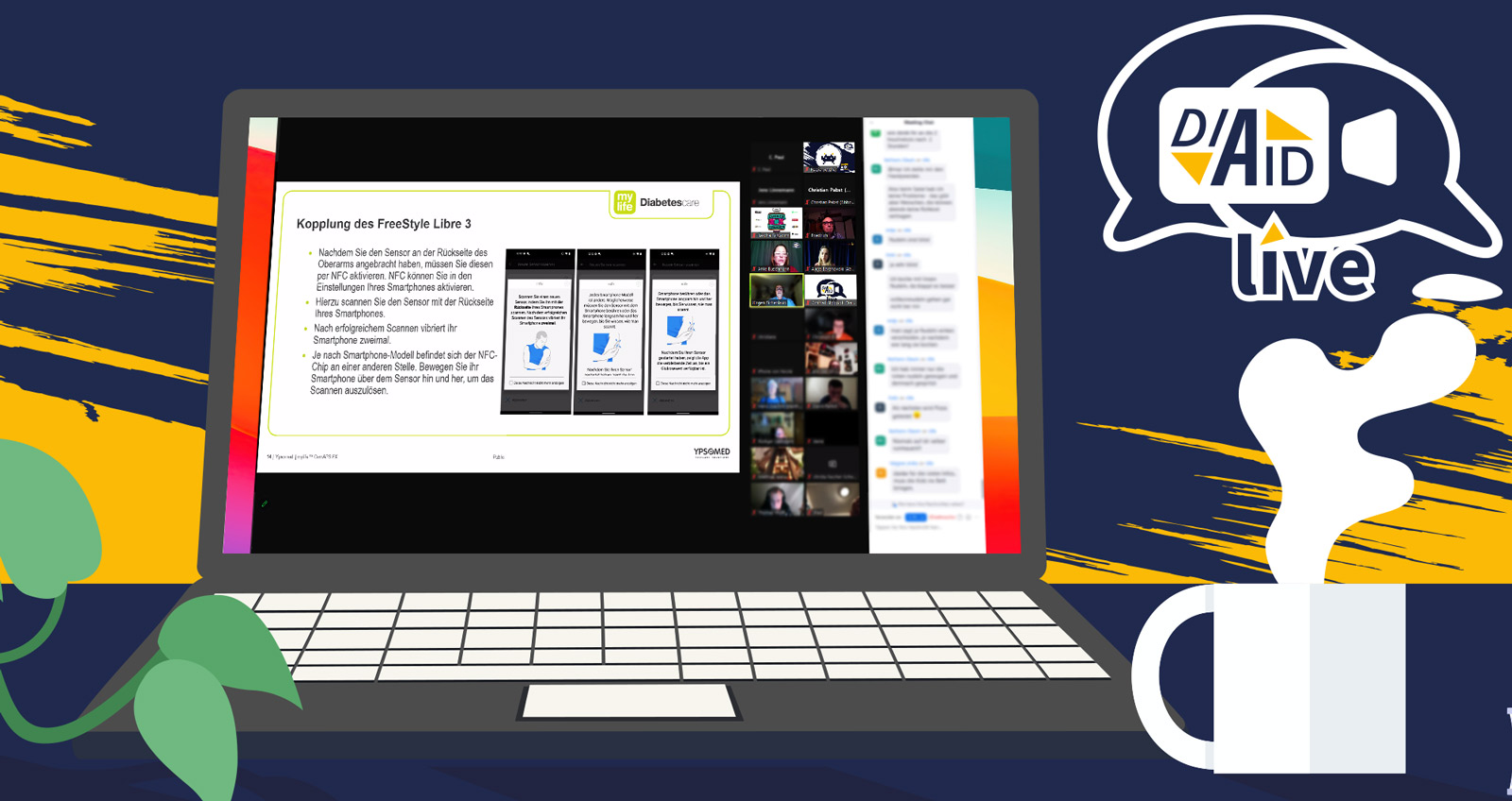 Ein Laptop mit einer Video-Konferenz auf dem Blidschirm
