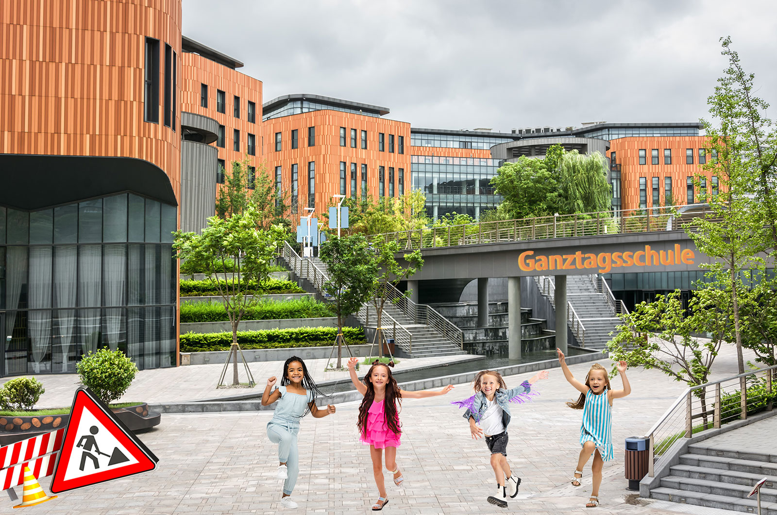 "Baustelle" Schule im modernen Design, Grundschulkinder vor der Schule, freudig hüpfend 