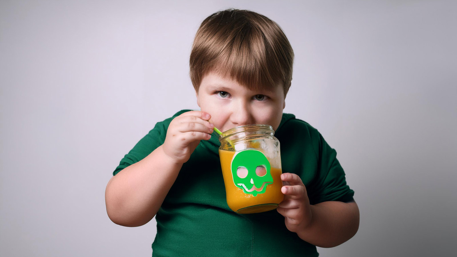 Ungesunder Fruchtzucker Ein adipöser Junge ist Fruchtmuß aus einem Glas mit einem grünen Totenkopf darauf