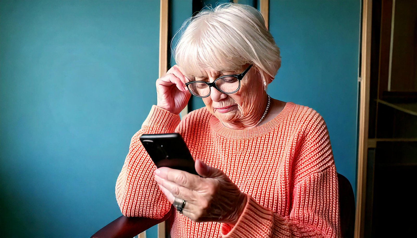 Eine alte Frau kann das Display eines Smartphones nur schwer lesen