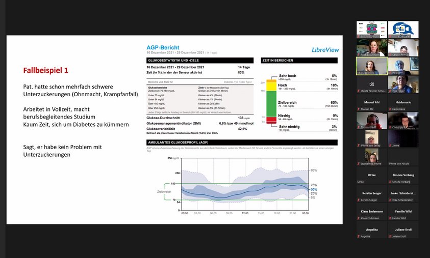 Eine Folie mit einem Fallbeispiel zu einer Unterzuckerung ist zu sehen, daneben die Konferenzteilnehmer